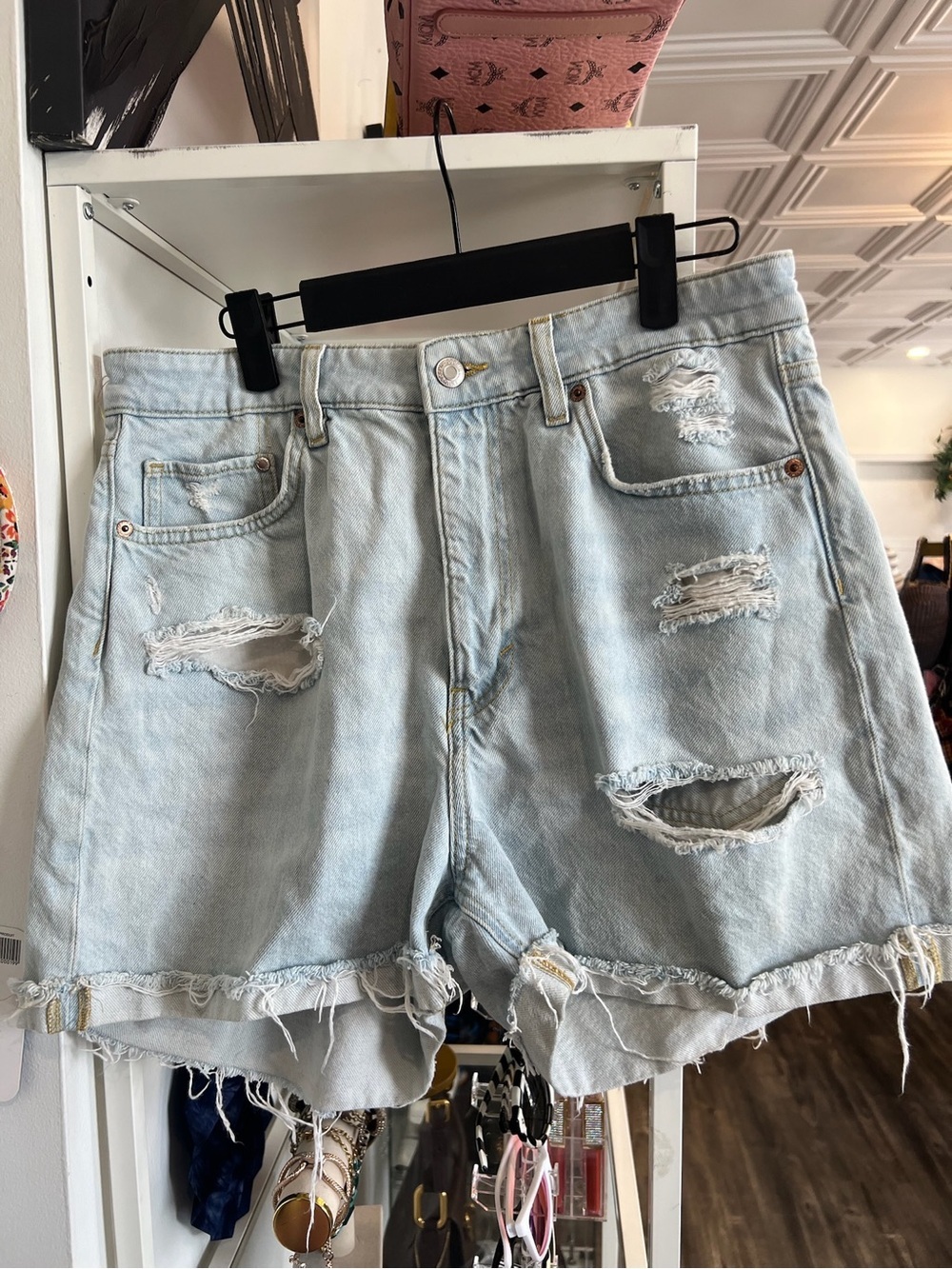 Light Wash Distressed Denim Shorts - Casual Mid-Rise